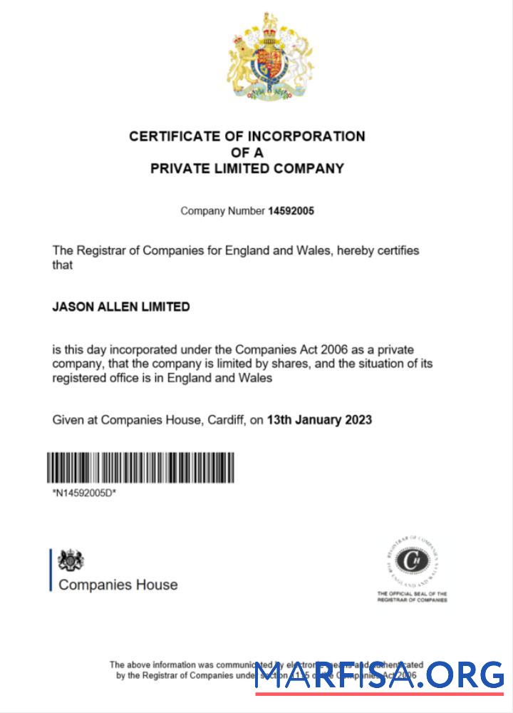 Realistic England and Wales certificate of incorporation registration real example